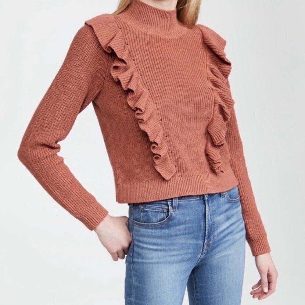 NWT 525 America Mock Neck Ruffle Pink Sand Cotton Sweater-sz XS